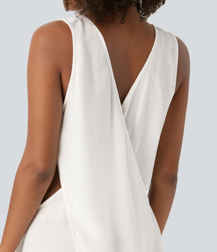 Robe Casual Maxi Col en V Sans Manches avec Découpe Fente Effet Lin