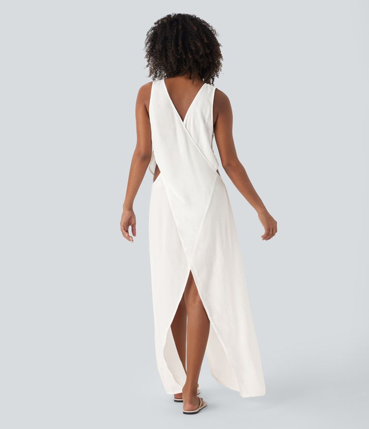 Robe Casual Maxi Col en V Sans Manches avec Découpe Fente Effet Lin
