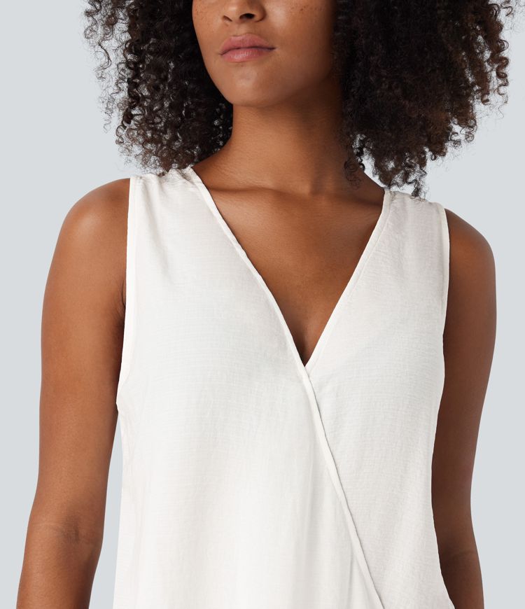 Robe Casual Maxi Col en V Sans Manches avec Découpe Fente Effet Lin