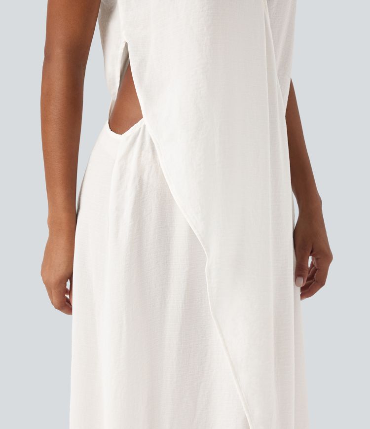 Robe Casual Maxi Col en V Sans Manches avec Découpe Fente Effet Lin