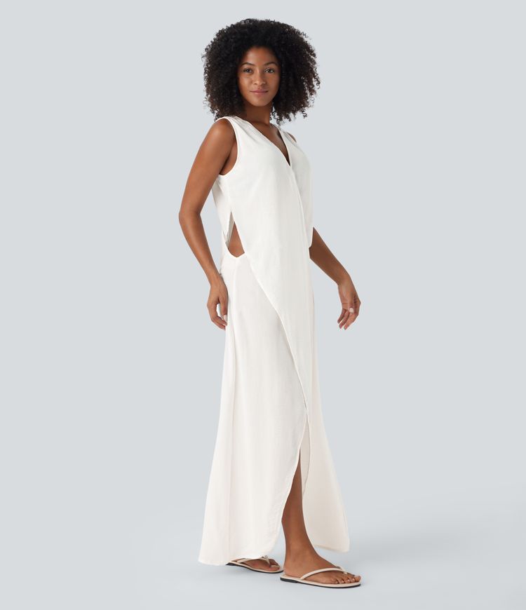 Robe Casual Maxi Col en V Sans Manches avec Découpe Fente Effet Lin