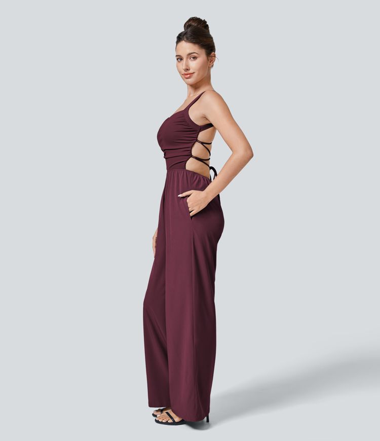 Breezeful™ Backless Crisscross Lace Up Side Pocket Quick Dry Casual Jumpsuit