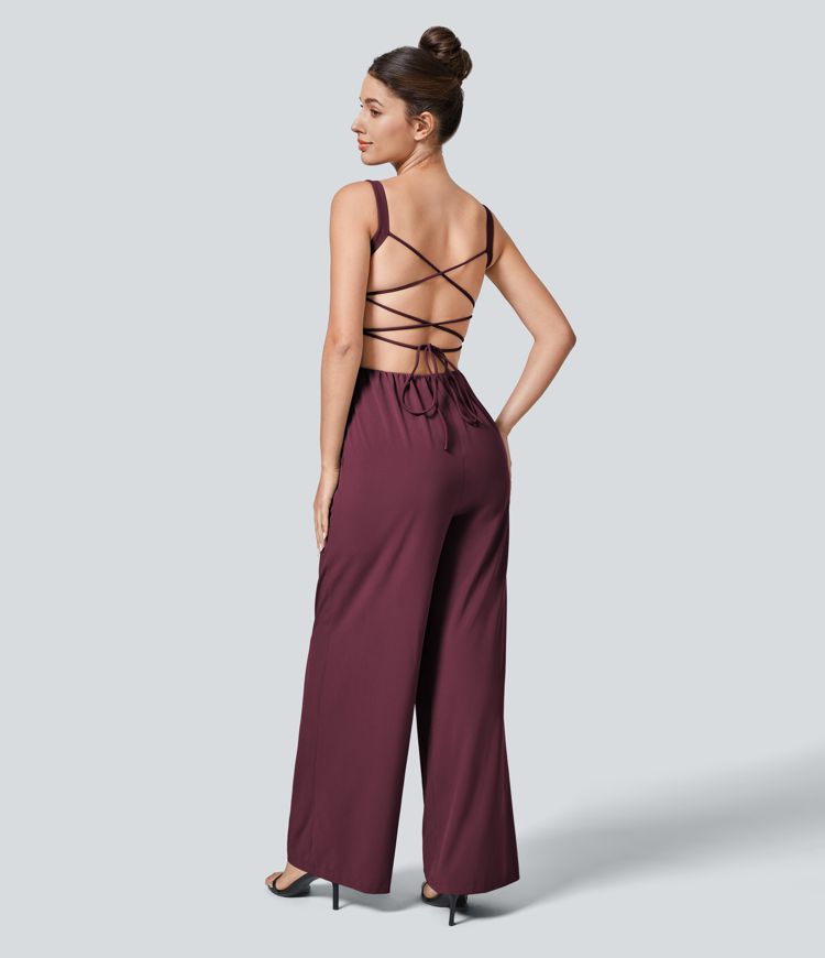 Breezeful™ Backless Crisscross Lace Up Side Pocket Quick Dry Casual Jumpsuit