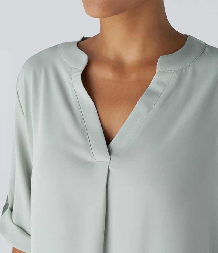 Chemise Travail à Col en V Boutonnée Manches Trois Quarts et Ourlet Courbé