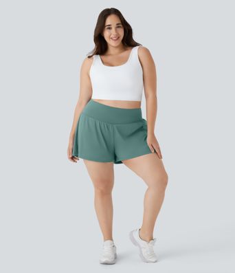 Super High Waisted Back Pocket & Side Hidden Pocket 2-in-1 Yoga Plus Size Shorts 4''-Longer Length