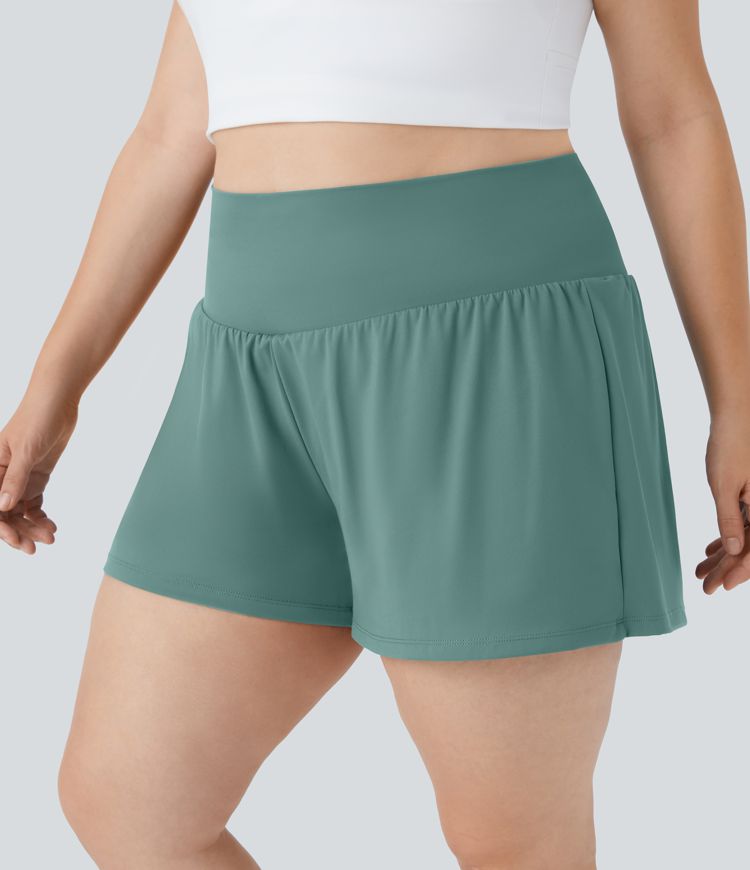 Super High Waisted Back Pocket & Side Hidden Pocket 2-in-1 Yoga Plus Size Shorts 4''-Longer Length