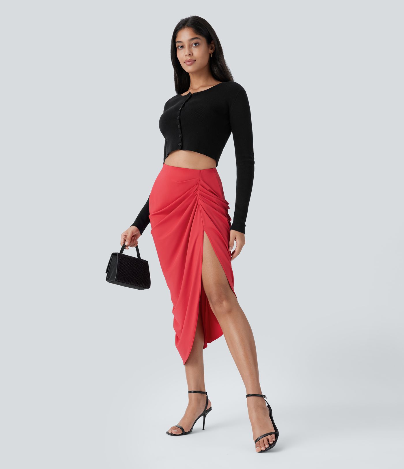 High Waist Ruched Split 2-in-1 Midi Party Skirt