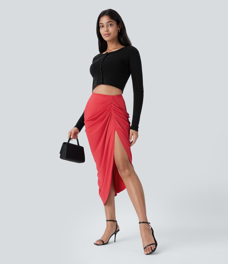 High Waist Ruched Split 2-in-1 Midi Party Skirt