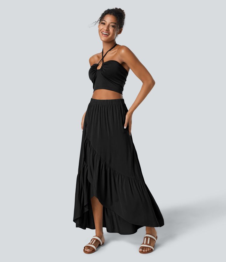 High Waisted High Low Ruffle Hem Flowy Maxi Skirt