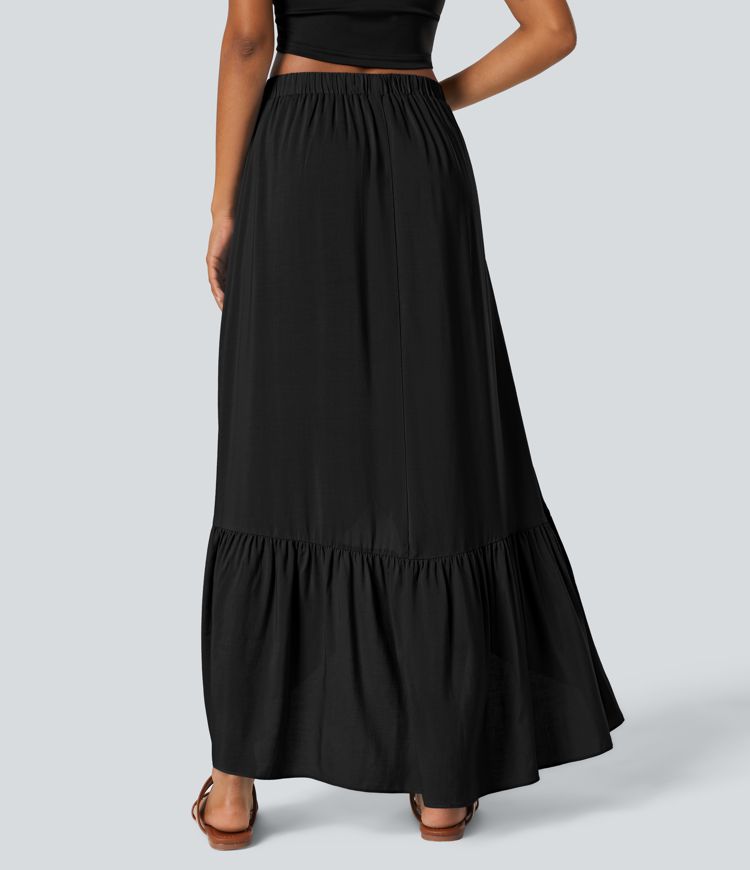 High Waisted High Low Ruffle Hem Flowy Maxi Skirt