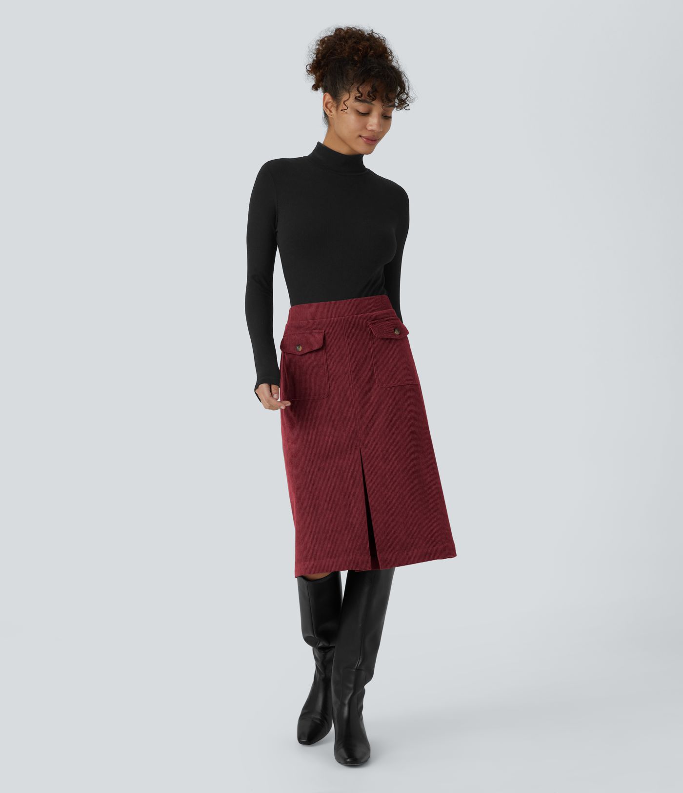 Mid Rise Front Side Flap Pocket Midi Corduroy Casual Skirt