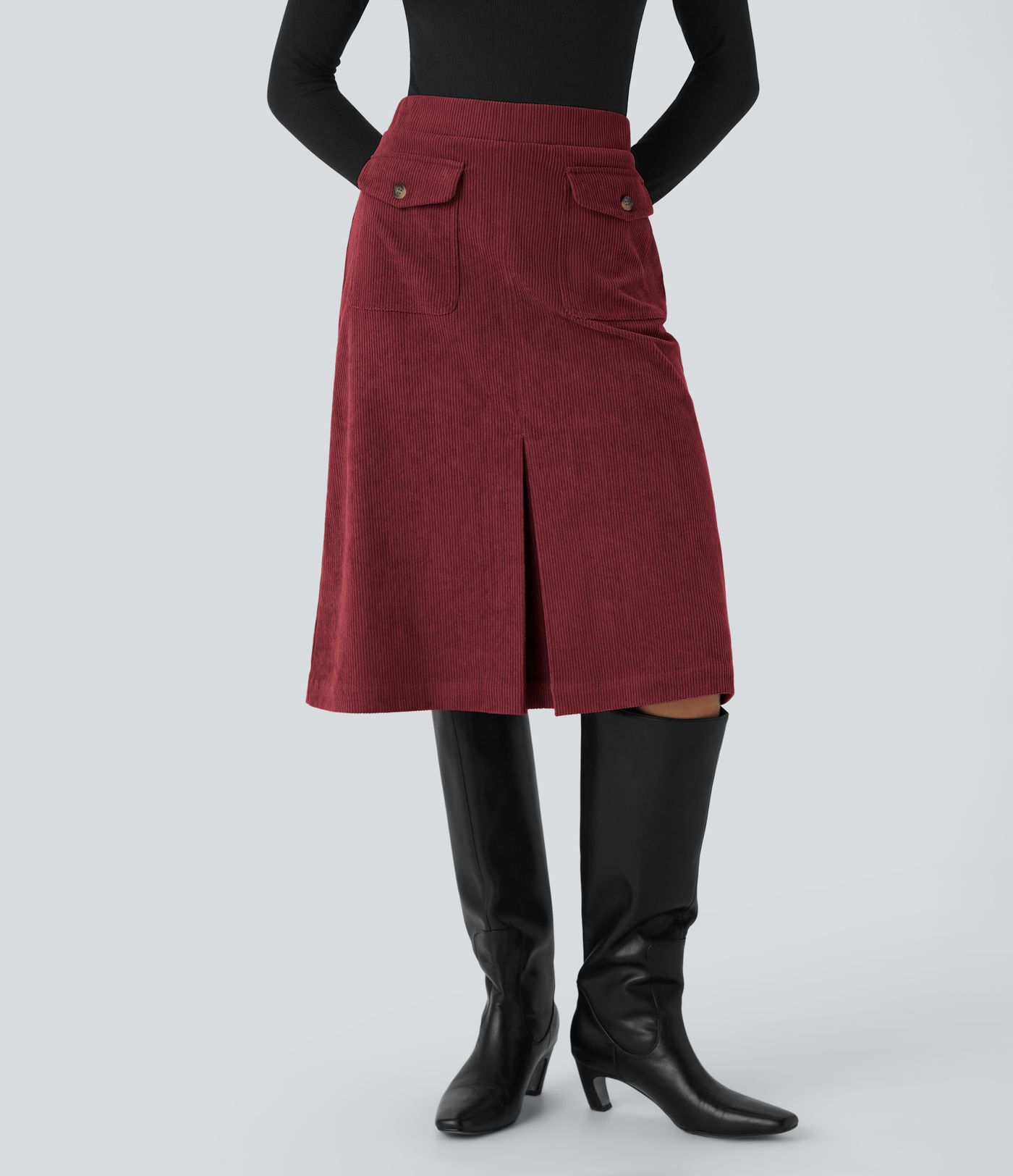 Mid Rise Front Side Flap Pocket Midi Corduroy Casual Skirt