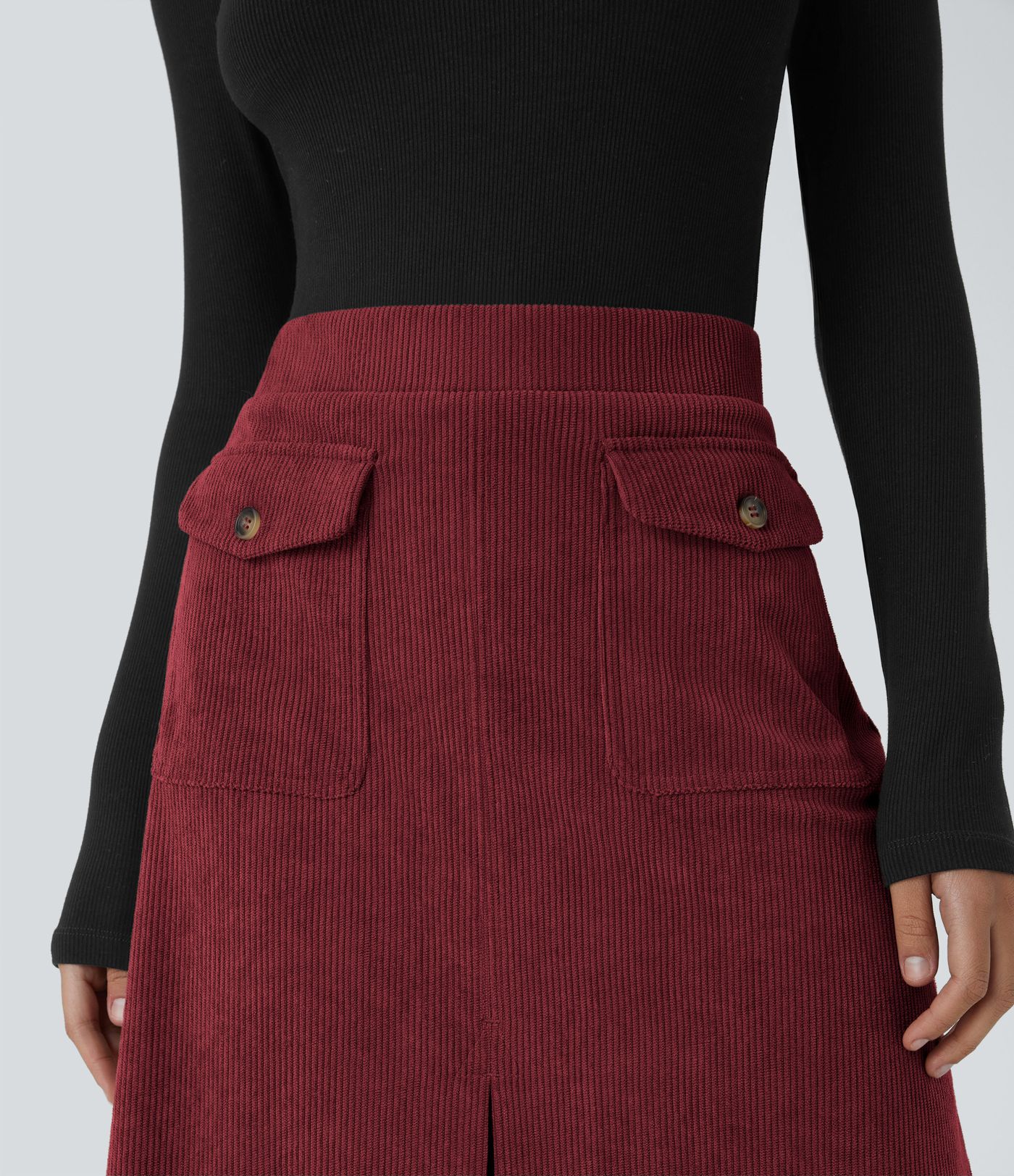 Mid Rise Front Side Flap Pocket Midi Corduroy Casual Skirt