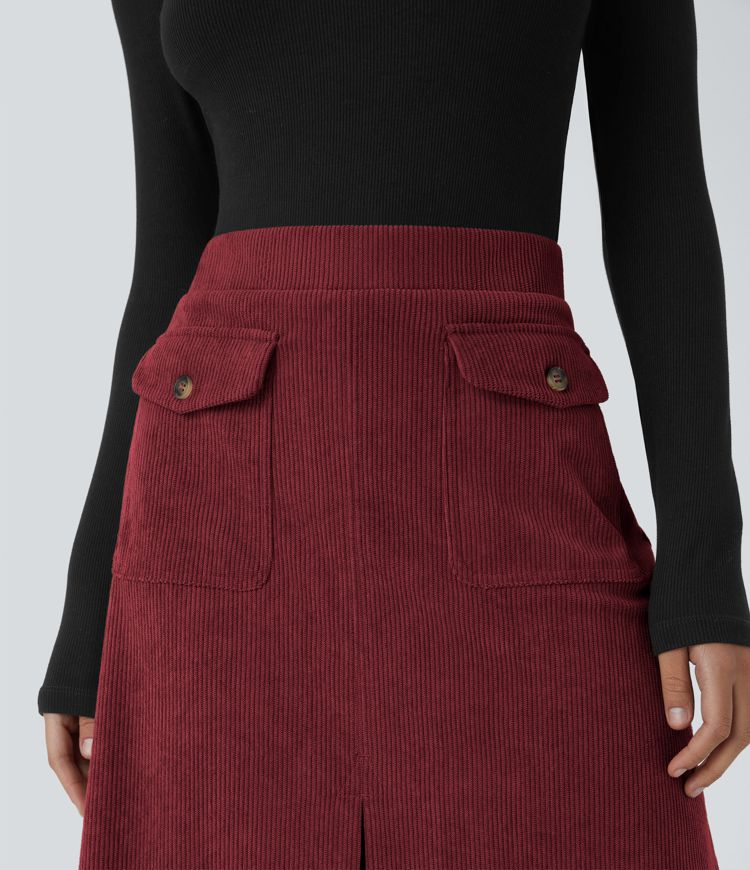 Mid Rise Front Side Flap Pocket Midi Corduroy Casual Skirt