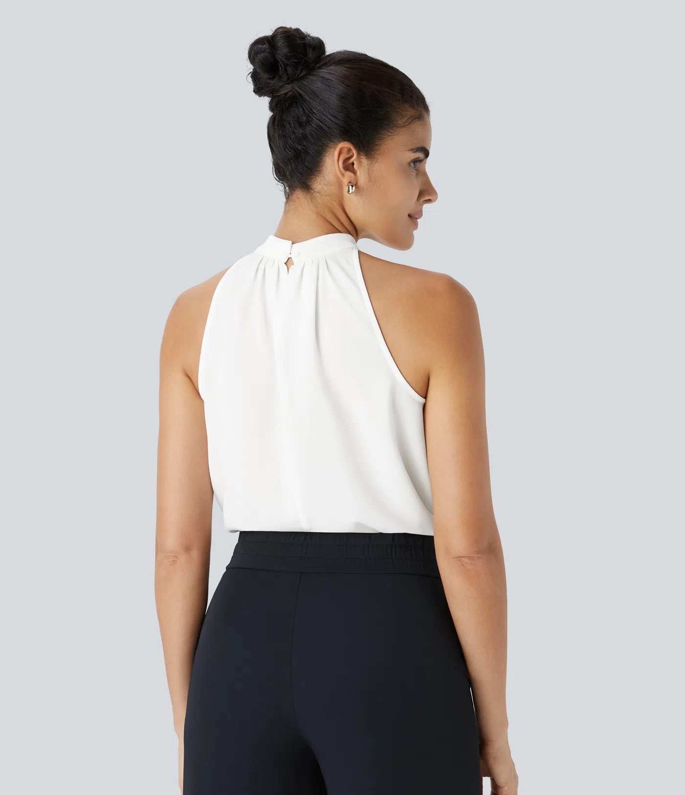 Keyhole Back Halter Plicated Sleeveless Curved Hem Work Blouse