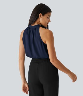 Blusen-Top mit Neckholder und Schlüssellochausschnitt, plissiert, ärmellos, abgerundeter Saum