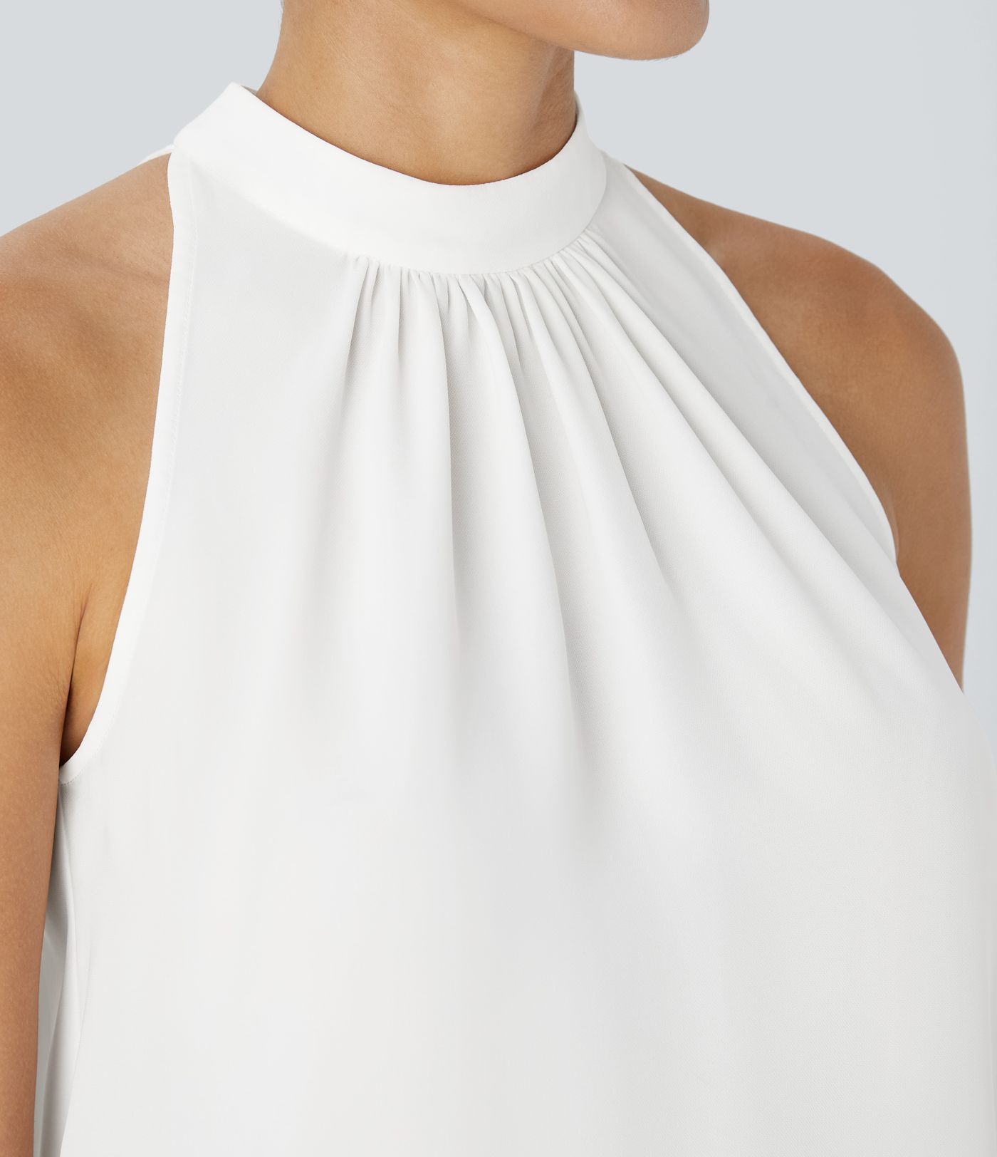 Keyhole Back Halter Sleeveless Curved Hem Work Blouse