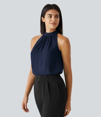 Blusen-Top mit Neckholder und Schlüssellochausschnitt, plissiert, ärmellos, abgerundeter Saum