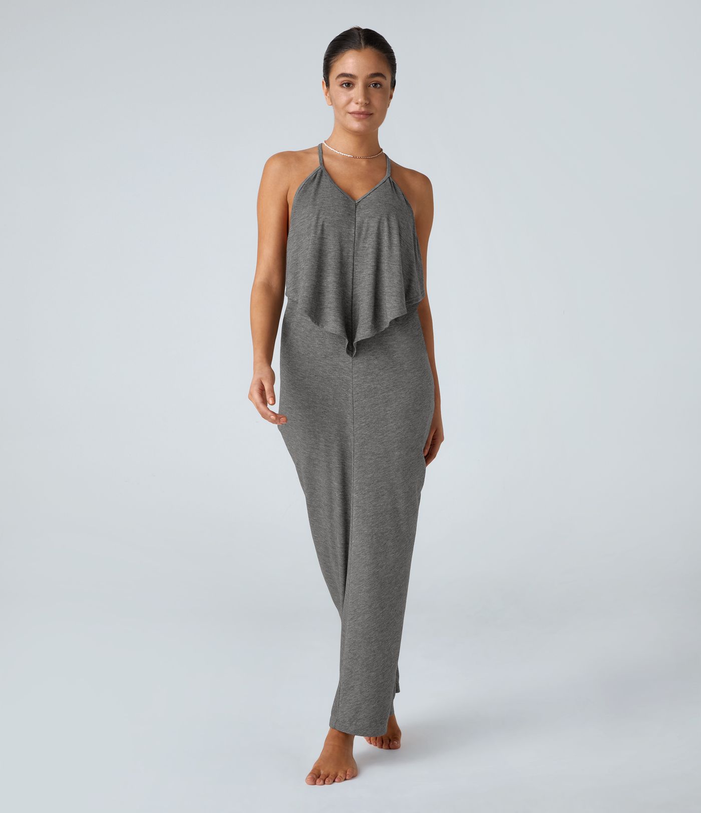 V Neck Backless Tie Back Ruched Maxi Resort Slip Dress