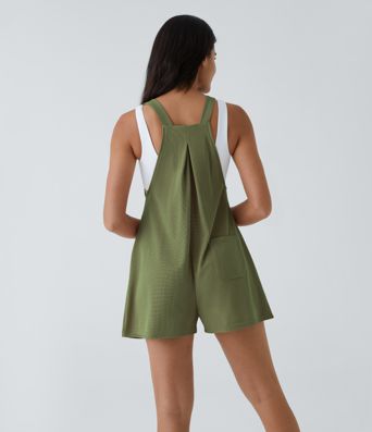 Pockets Waffle Casual Short Overalls