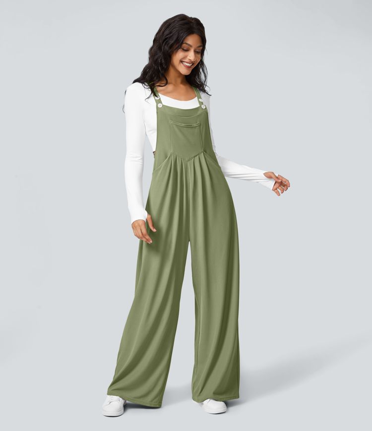 Adjustable Strap Button Multiple Pockets Plicated Waffle Casual Overalls