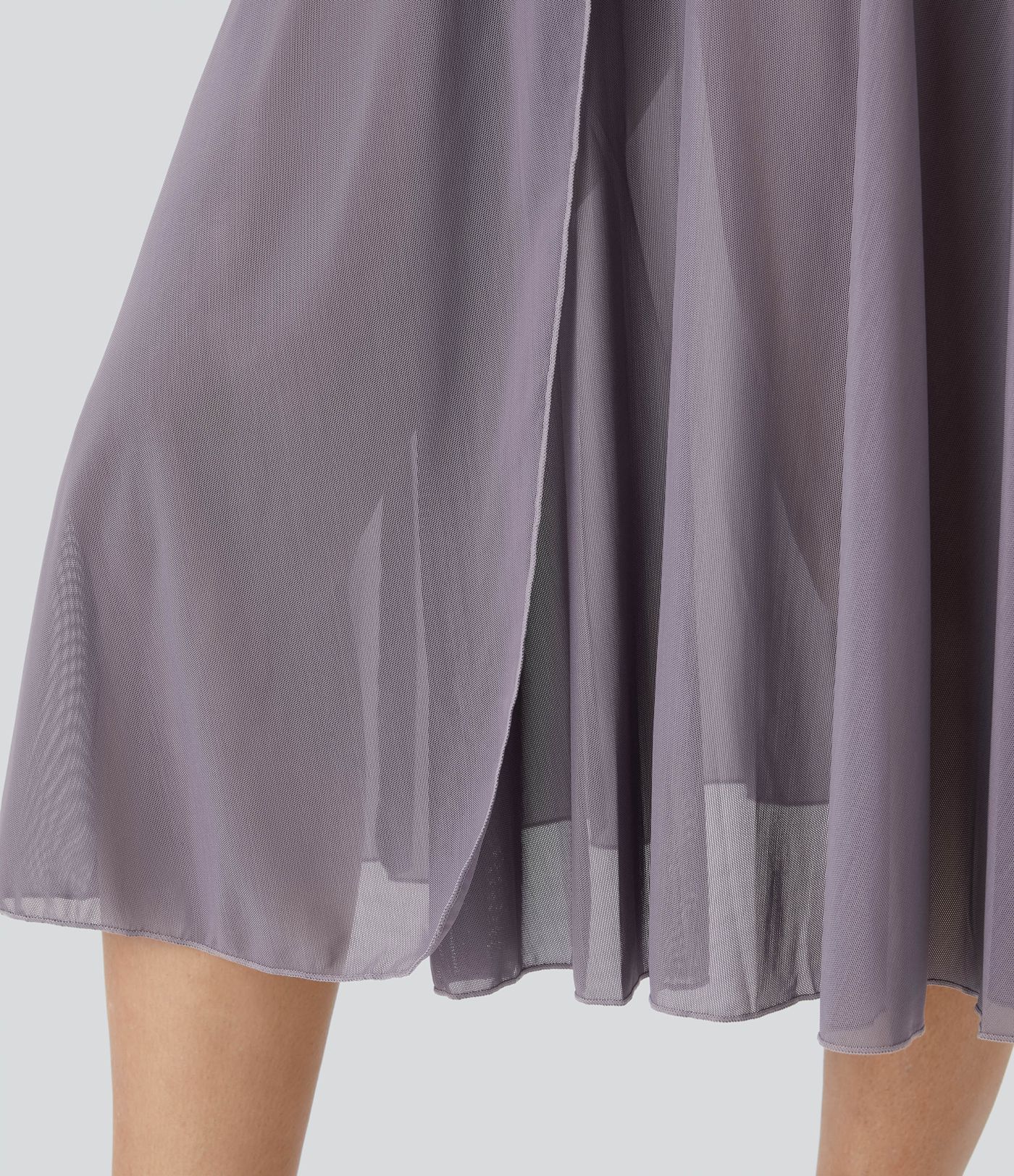 High Waisted Drawstring Contrast Mesh 2-in-1 Pocket Flowy Midi Flare Casual Skirt