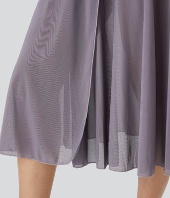 High Waisted Drawstring Contrast Mesh 2-in-1 Pocket Flowy Midi Flare Casual Skirt