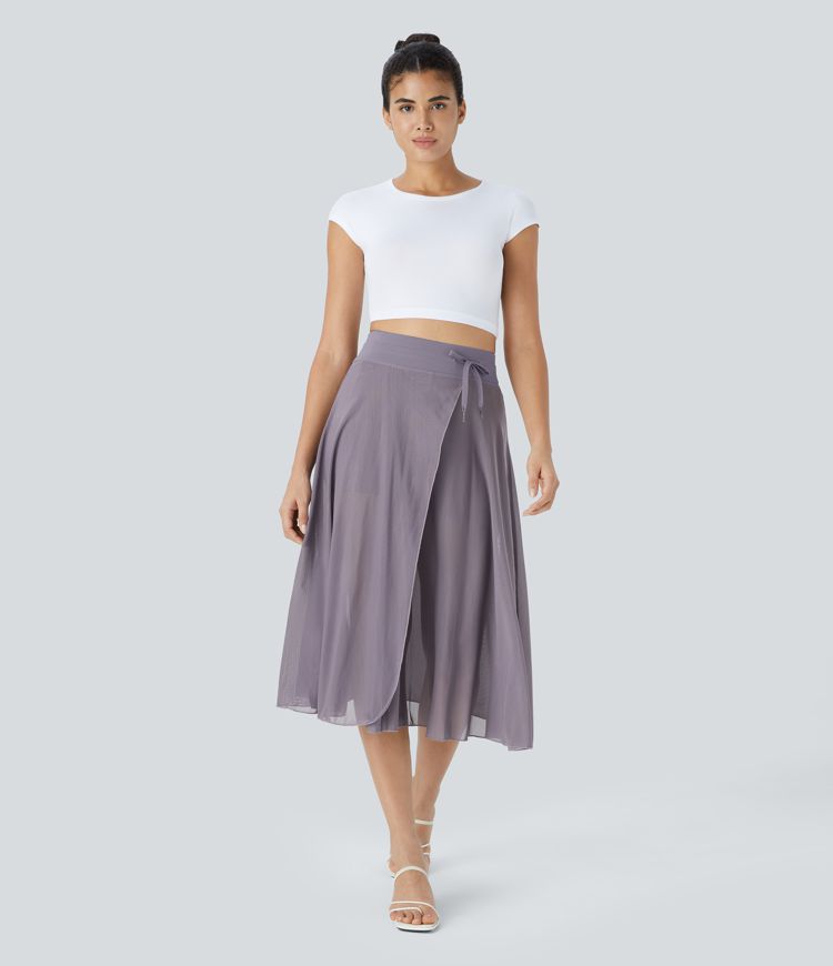 High Waisted Drawstring Contrast Mesh 2-in-1 Pocket Flowy Midi Flare Casual Skirt