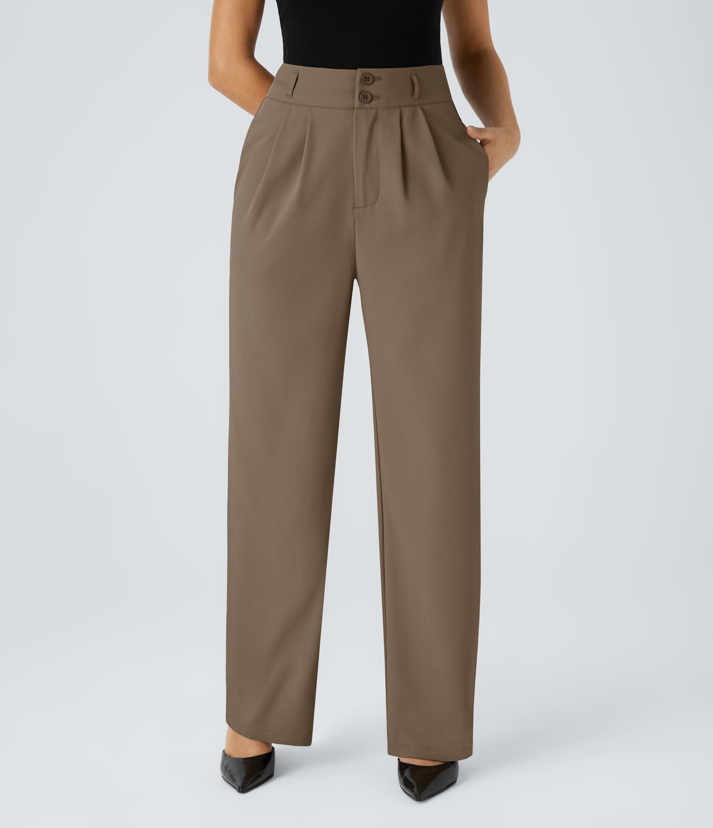 High-waisted office trousers with button, zip, side pocket, gathered, straight leg