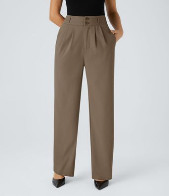 High-waisted office trousers with button, zip, side pocket, gathered, straight leg