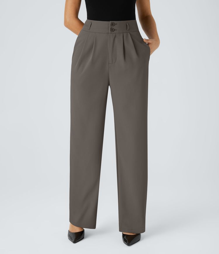 High Waisted Zipper Pocket Shirred Straight Leg Work Pants