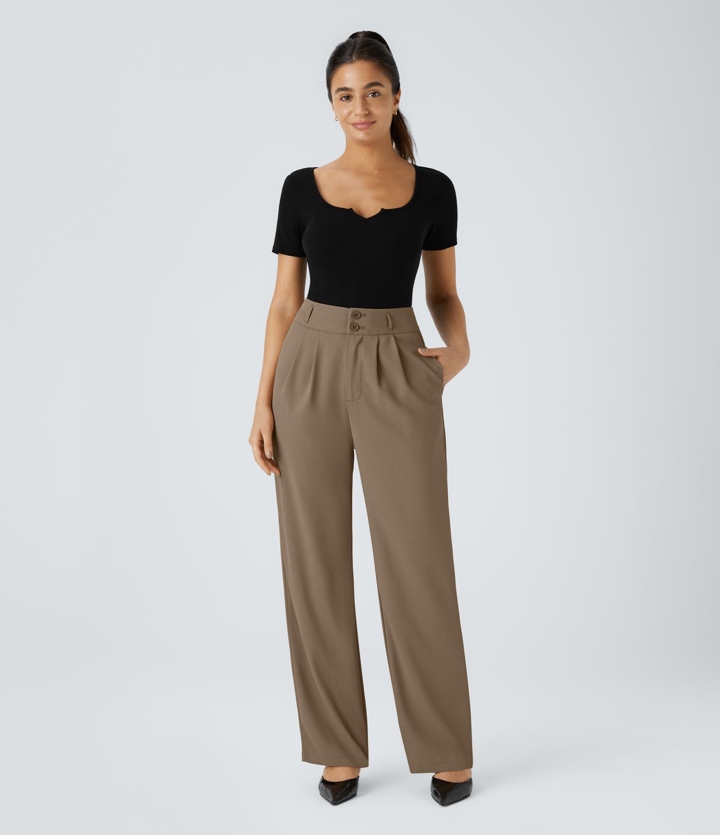 High-waisted office trousers with button, zip, side pocket, gathered, straight leg