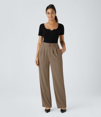 High-waisted office trousers with button, zip, side pocket, gathered, straight leg