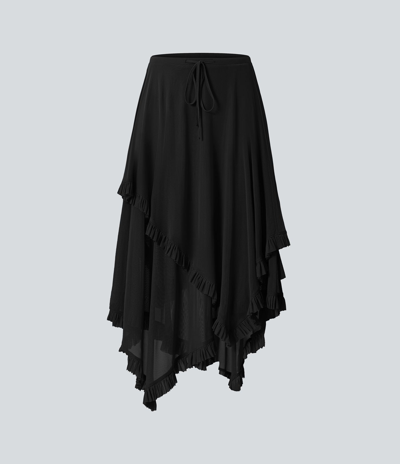 Mesh Mid Rise Drawstring Frill Asymmetric Hem 2-in-1 Flowy Skirt