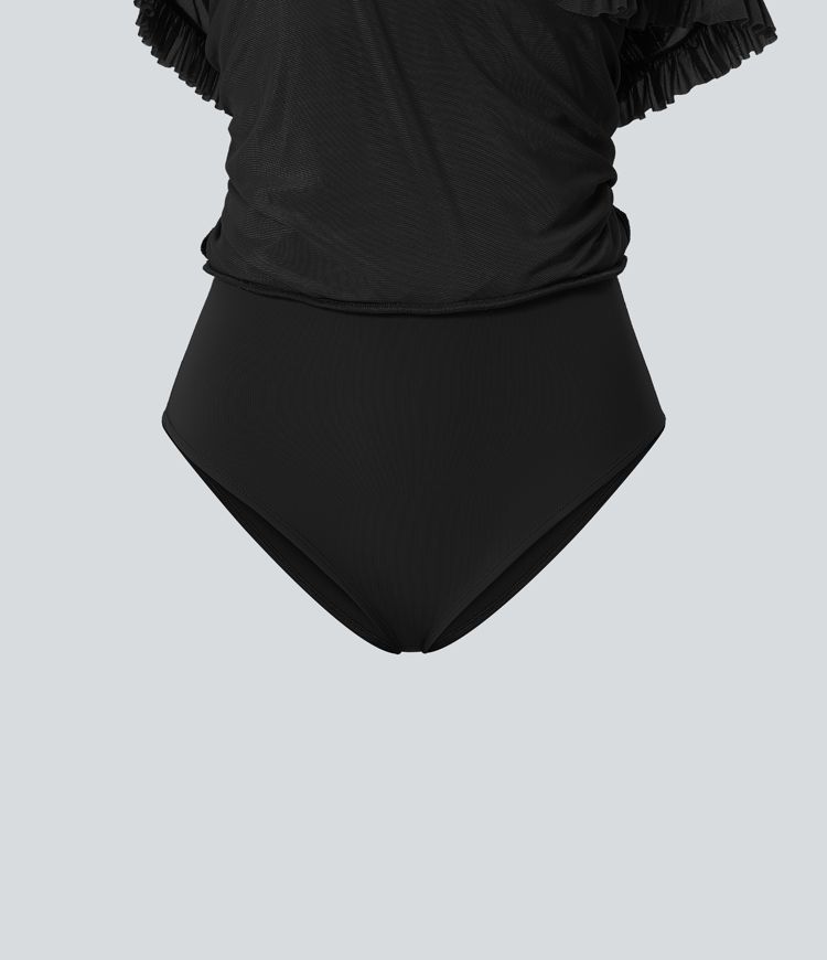 Mesh Mid Rise Drawstring Frill Asymmetric Hem 2-in-1 Flowy Skirt