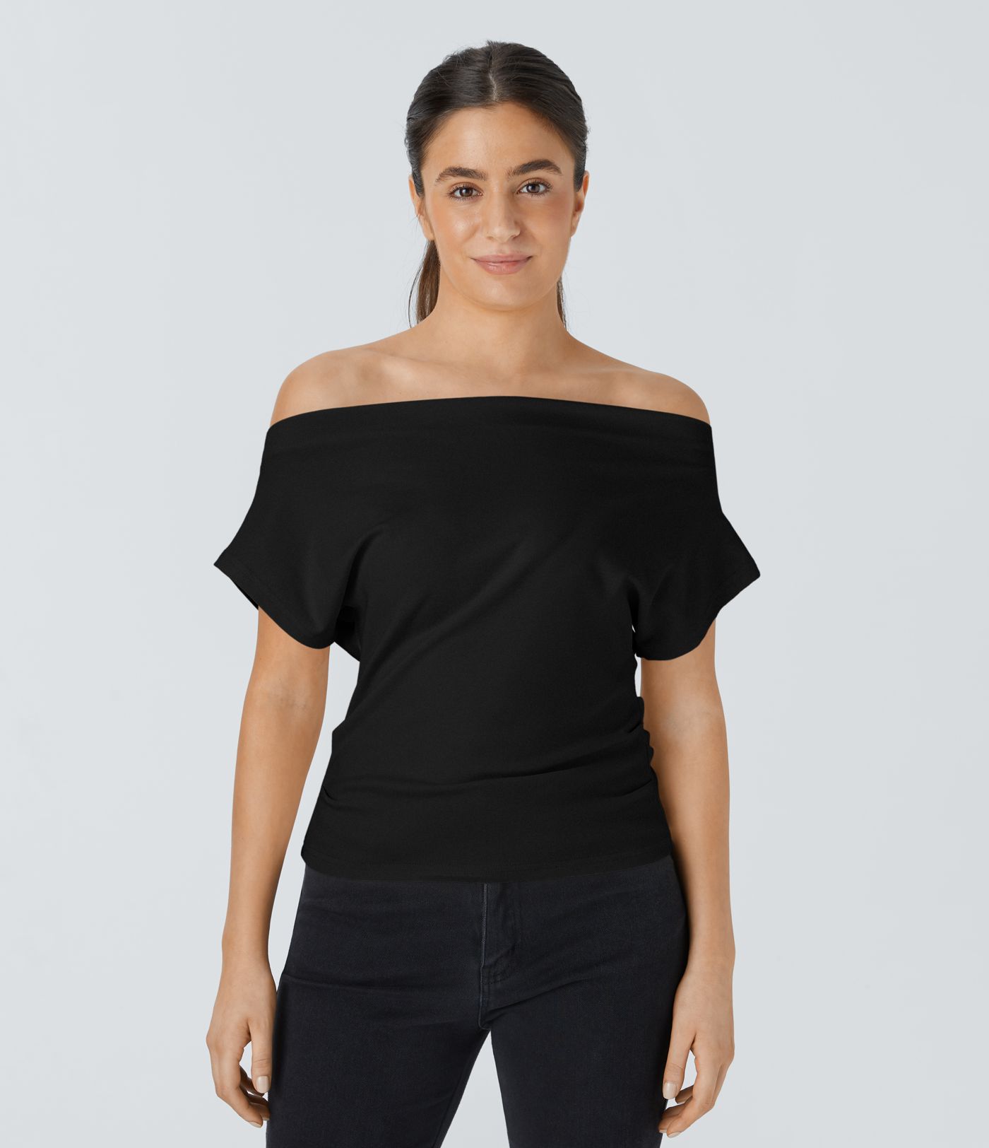 Off Shoulder Short Sleeve Ruched Casual Top