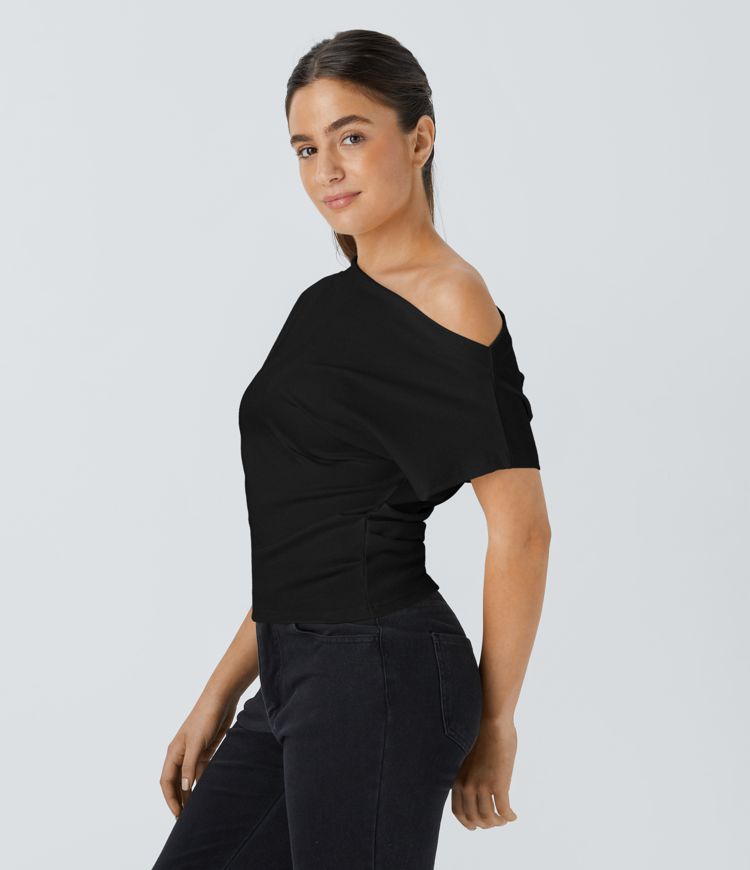 Off Shoulder Short Sleeve Ruched Casual Top