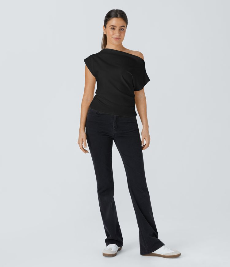 Off Shoulder Short Sleeve Ruched Casual Top