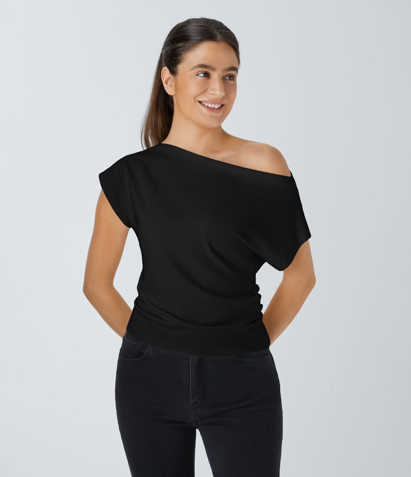 Off Shoulder Short Sleeve Ruched Casual Top