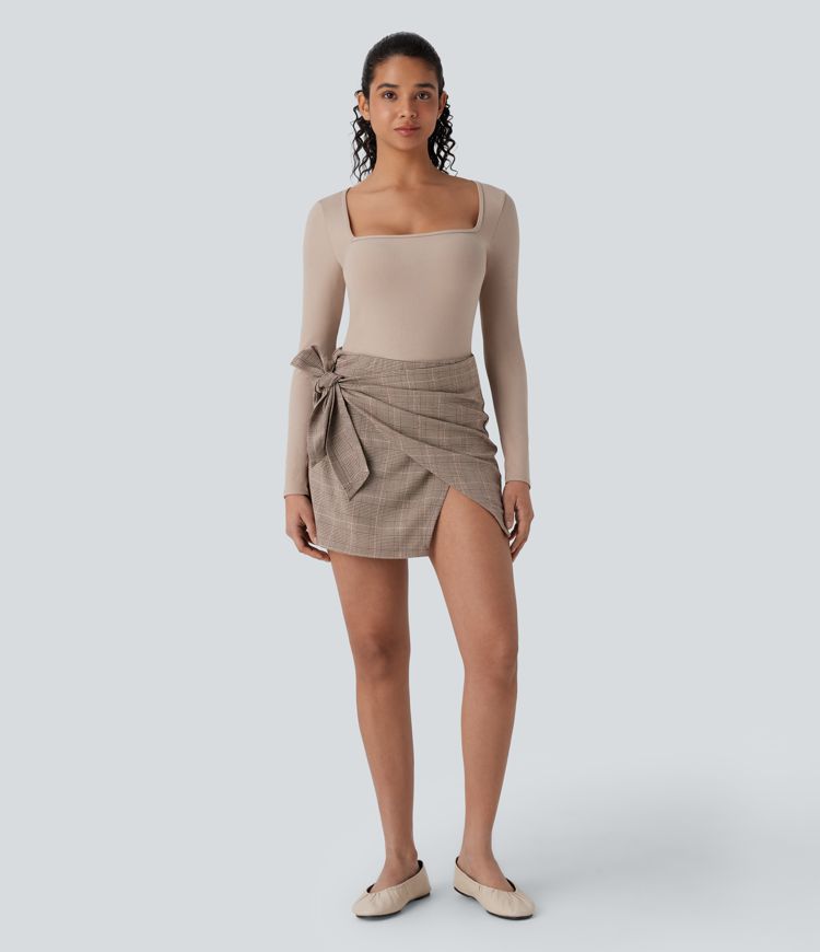 High Waisted Tie Side 2-in-1 Houndstooth Mini Work Skirt