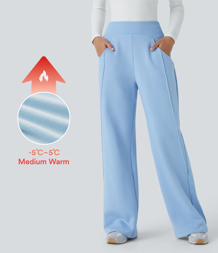 Mid Rise Ribbed Waistband Side Pocket Straight Leg Fleece Casual Trousers