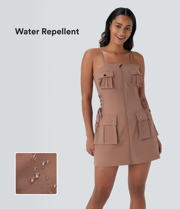 Wasserabweisendes Wander-Slip-Cargo-Minikleid mit verstellbaren Trägern, mehreren Taschen und Reißverschluss