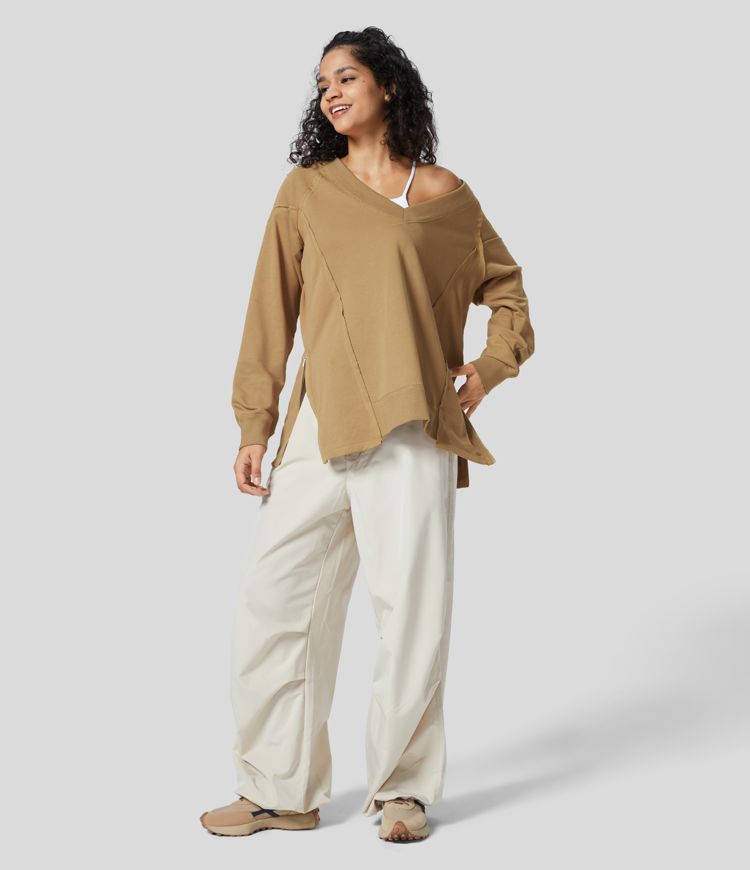 V Neck Long Sleeve Adjustable Zipper Hem Casual Cotton Sports Sweatshirt