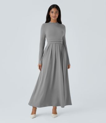 Mock-neck långärmad maxiklänning med ficka och vid passform för casual tillfällen