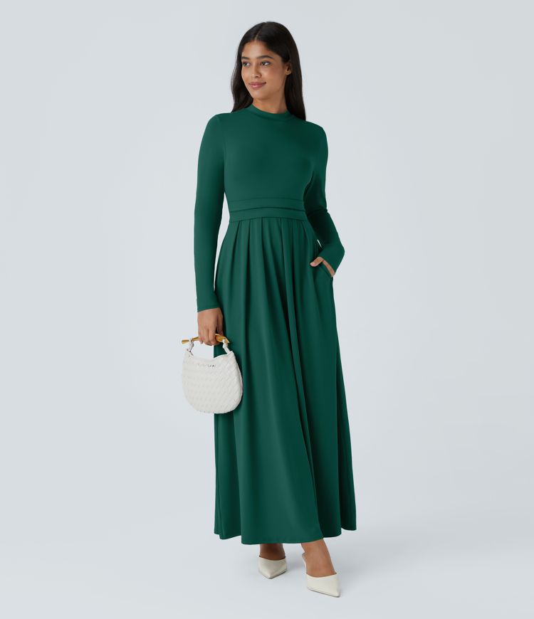Mock-neck Long Sleeve Pocket Flare Maxi Casual Dress