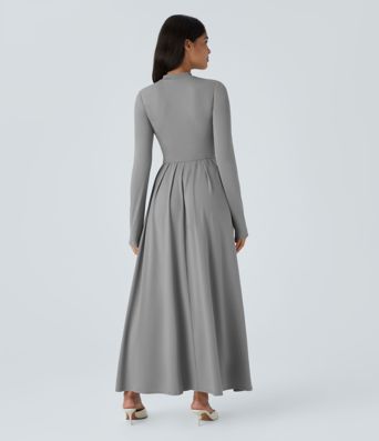 Mock-neck långärmad maxiklänning med ficka och vid passform för casual tillfällen