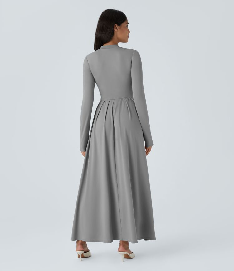 Mock-neck långärmad maxiklänning med ficka och vid passform för casual tillfällen