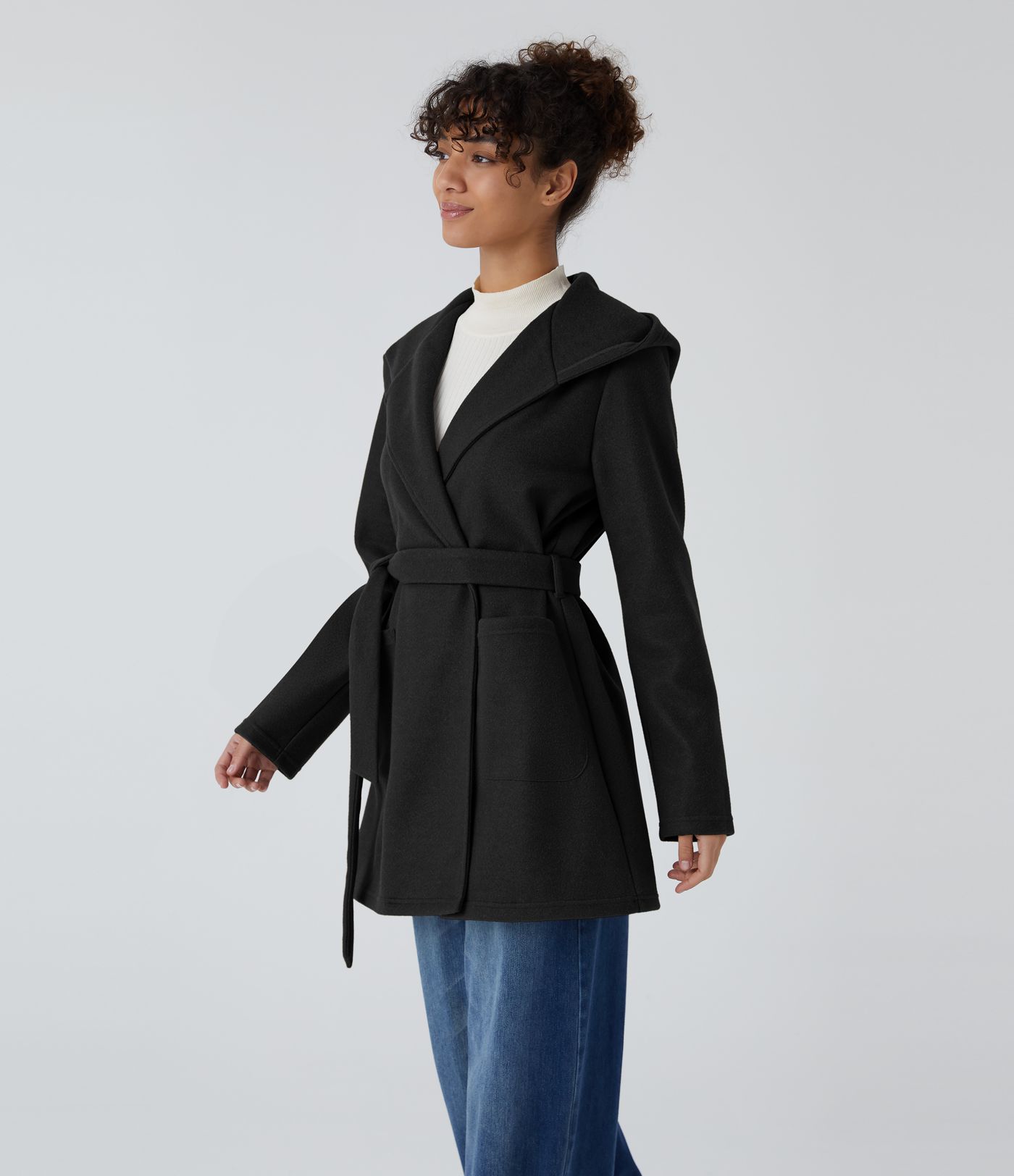 Abrigo holgado capucha manga larga botón bolsillo delantero cinturón