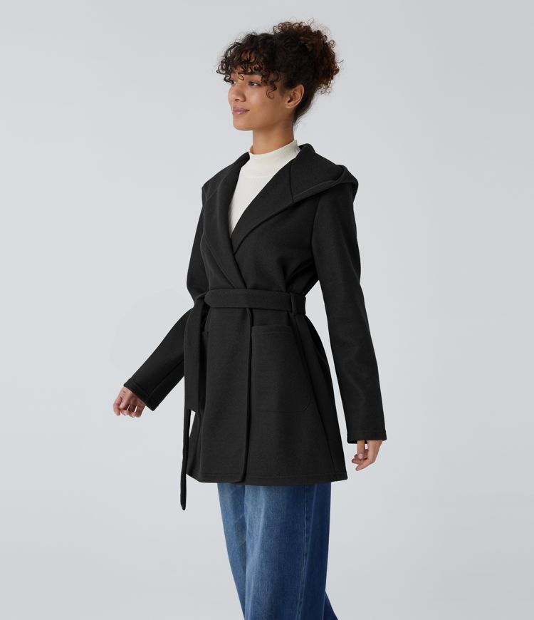 Manteau décontracté à capuche et ceinture avec poches et boutonnage devant