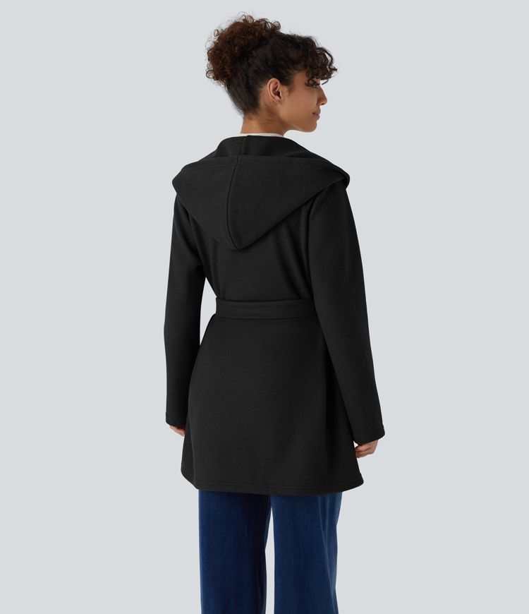 Manteau décontracté à capuche et ceinture avec poches et boutonnage devant